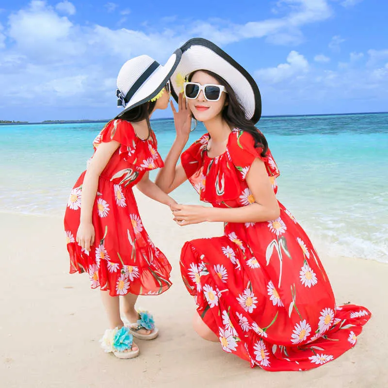 fitted lace wedding dress Family Matching Clothes Dress for Mother Daughter V Neck Short Sleeve, Red / Girl 6-7T