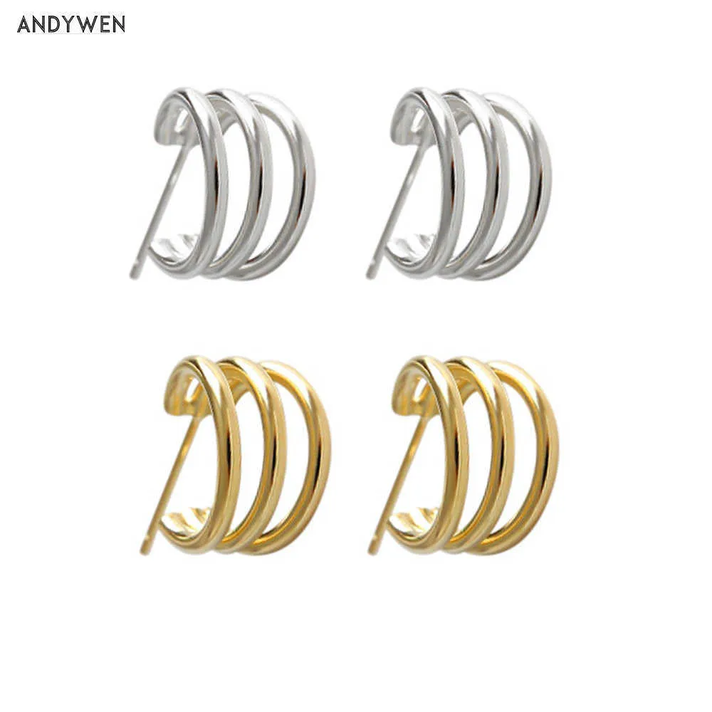 ANDYWEN 925 Sterling Silber 9mm Drei Kreis Offene Hohl Hoops Frauen Piercing Rock Punk Luxus Party Schmuck 210608