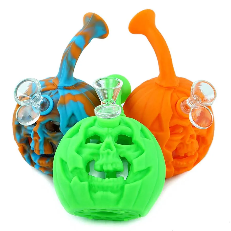 Czaszka dyniowa rura wodna 6 "palenia Dab Rig Halloween silikonowy bong z szklanym miską LED Light Portable