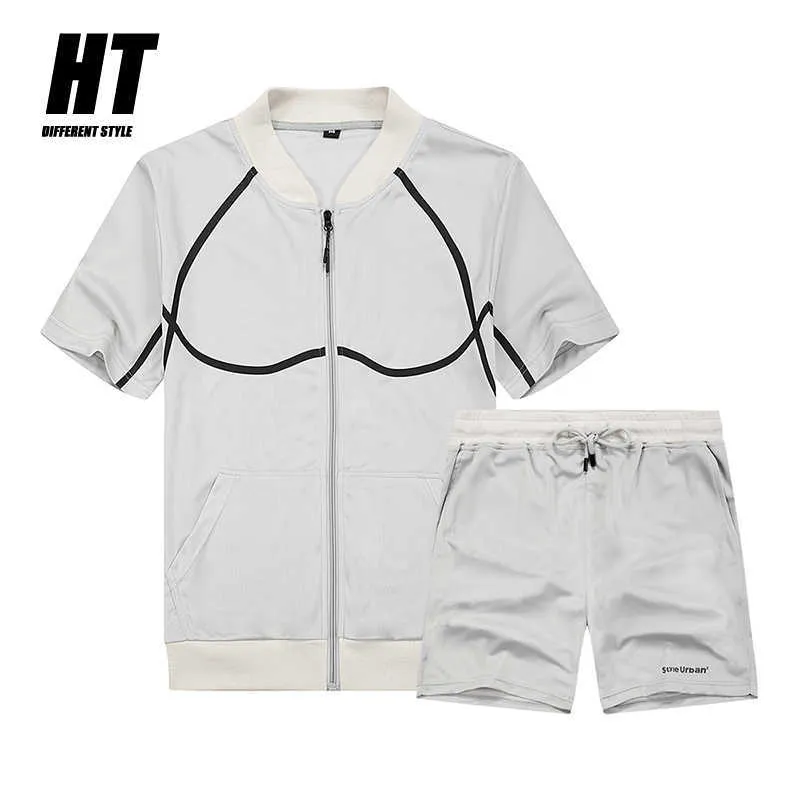 Summer Stripe Tracksuit Men 2 Pieces Casual Men's Set Zipper Short Sleeves TShirt+shorts Fashion Sportswear Fitness Sweat Suits 210603