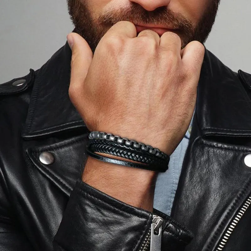 Link, bracelete de couro dos homens de corrente, pulseira de homens multi-strand, pulseira trançada para homens, pulseira de gents de caixa, jóias masculinas