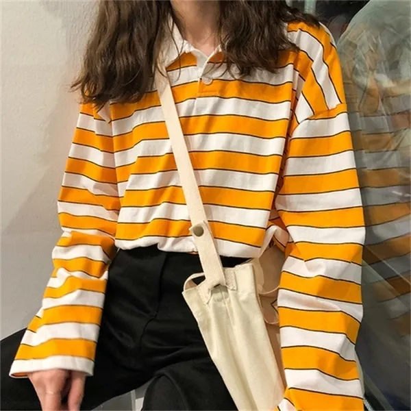 Loose Casual Vintage Striped Basic All Match College Wind Long Sleeve Turn Down Collar Female Women Basic T-shirts X0628