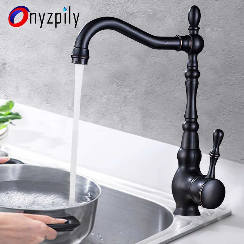 Onyzpily Kitchen Sink Faucets Black Bronze Kitchen 360 Rotation Kitchen Water Crane Tap Single Handle Mixer Tap 210724