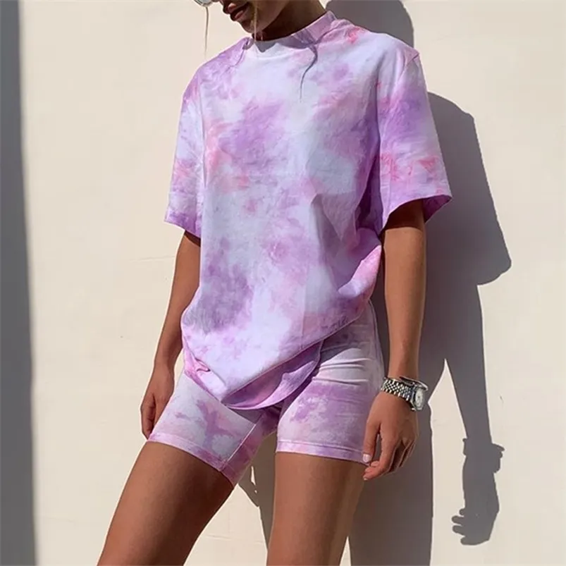 Casual Tie Dye Two Piece Set Women Tracksuits Fashion Summer Top and Biker Shorts Matching Sets Outfits Sportswear Clothing 210521