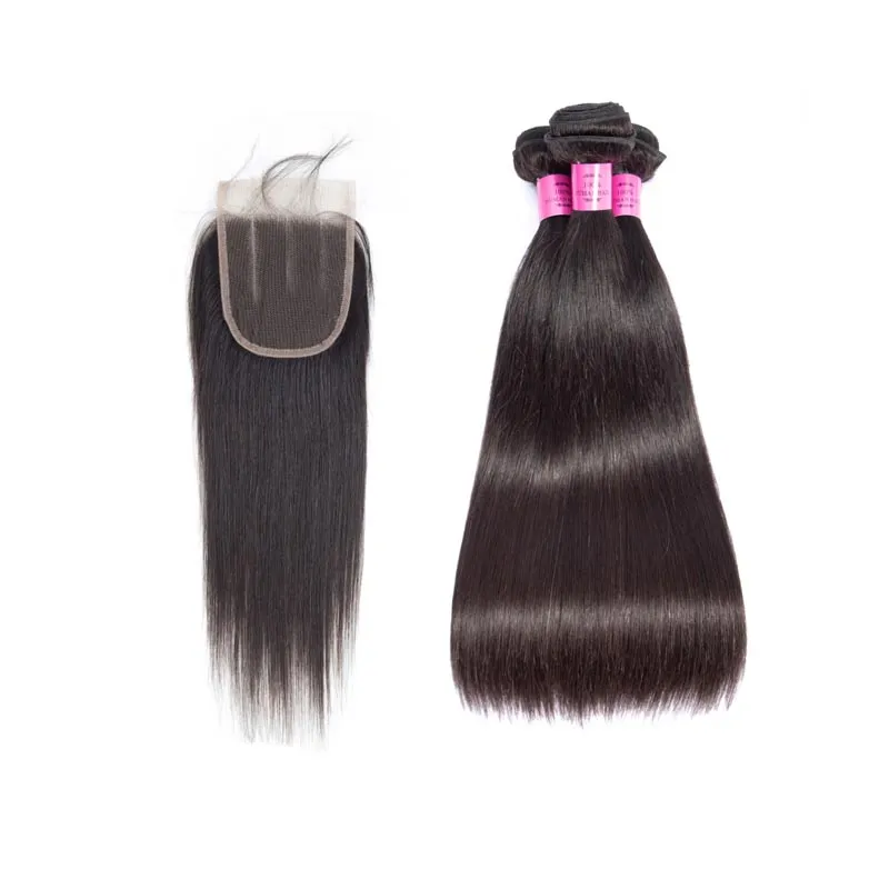 Бразильские Virgin Hair 5x5 Кружева Кружева с 3 пучками Прямые 4 шт. 5 * 5 Закрытие с 100% наращиванию человеческих волос