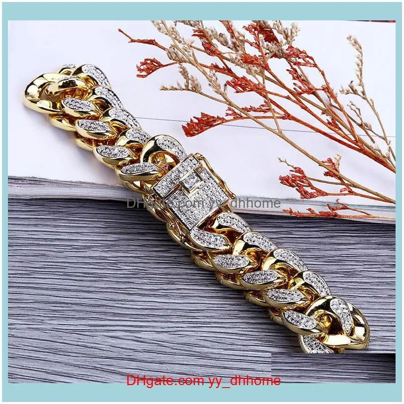 Hip Hop Mens Bracelets Luxury 18K Gold Plated 14mm Width Cuban Chain Bracelets Exquisite Fashion Glaring Zircon Bracelets