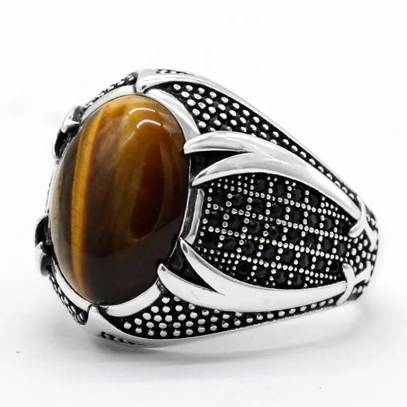 Cluster Rings Islamic Men Ring With Tiger Eyes Stone 925 Silver Double Swords Vintage Natural Religious Jewelry For Male Women Gift