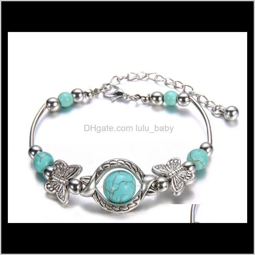 Link, Chain Drop Delivery 2021 Tibetan Sier Color Turquoise Bracelets & Bangles Inlay Butterfly Bead Nation Bohemian Adjustable For Women Fas