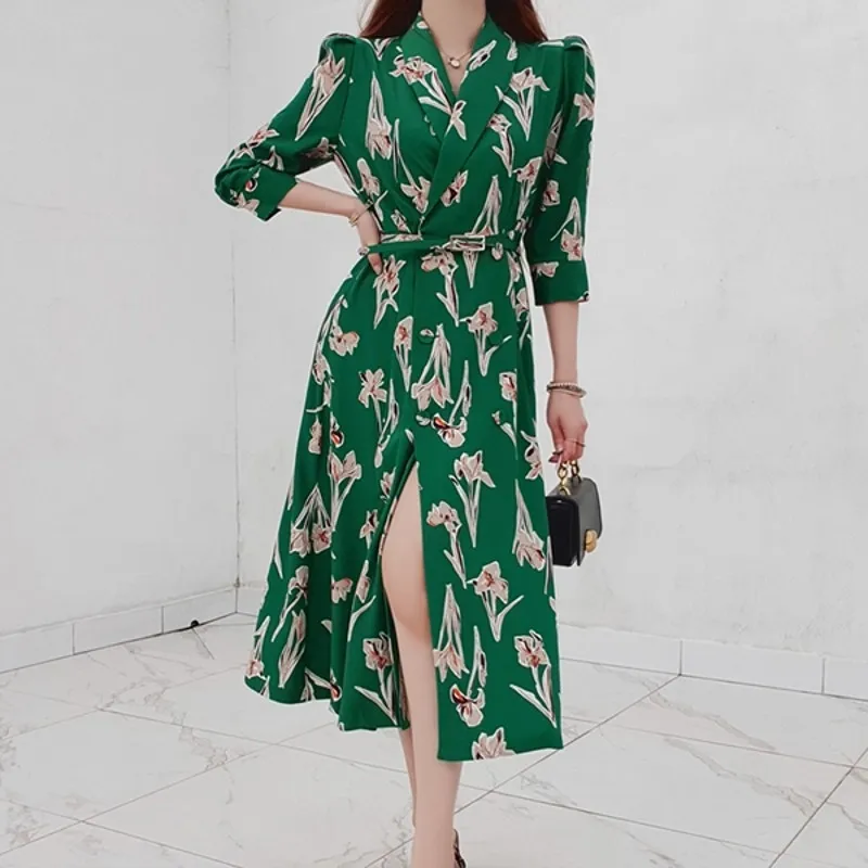 Women Green Printing Elegant Blazer Dresses Vestidos Summer Three Quarter Sleeve Double-Breasted Midi Dress Free Belt 210514