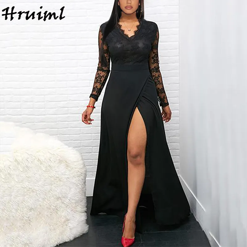 Black Lace Thigh-Length Night long Black dress with V-Neck and Slit for Women - Elegant Party Wear (210513)