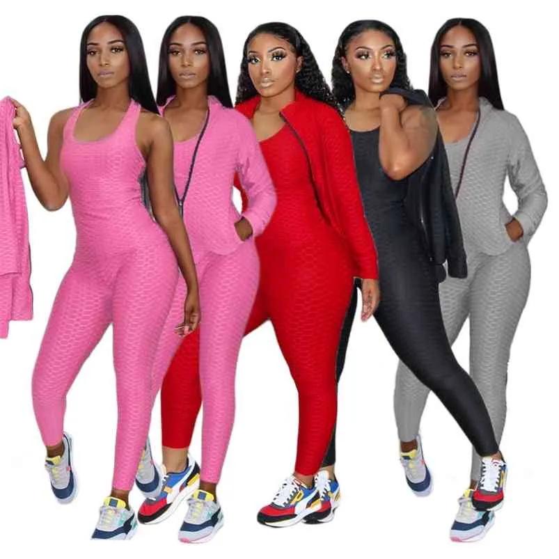Activewear Tracksuit Women 3 Piece Sporty Suits Skinny Tank Tops+bodycon Jogger Sweatpant+long Sleeve Zipper Coat Matching Sets 210721