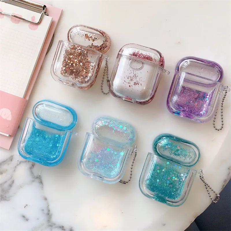 Glitter Crystal Liquid Airpods Casos Pérola Escudo Metal Keychain Silicone Fone de Ouvido Fone de Ouvido para Airpod 1 2 Pro Ar Pods Lustrosas Fones de Ouvido Sem Fio Capa