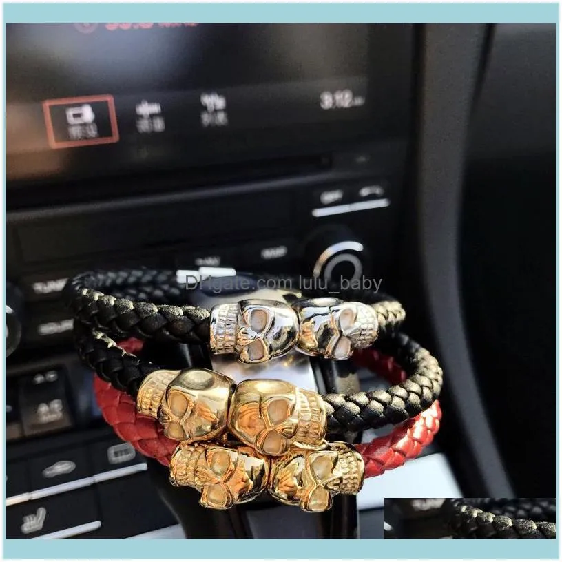 Charm Bracelets Skull Bracelet Men/Genuine Leather/Skeleton/Skull/bracelet Homme Black Magnet Men Jewelry Pulseras Hombre