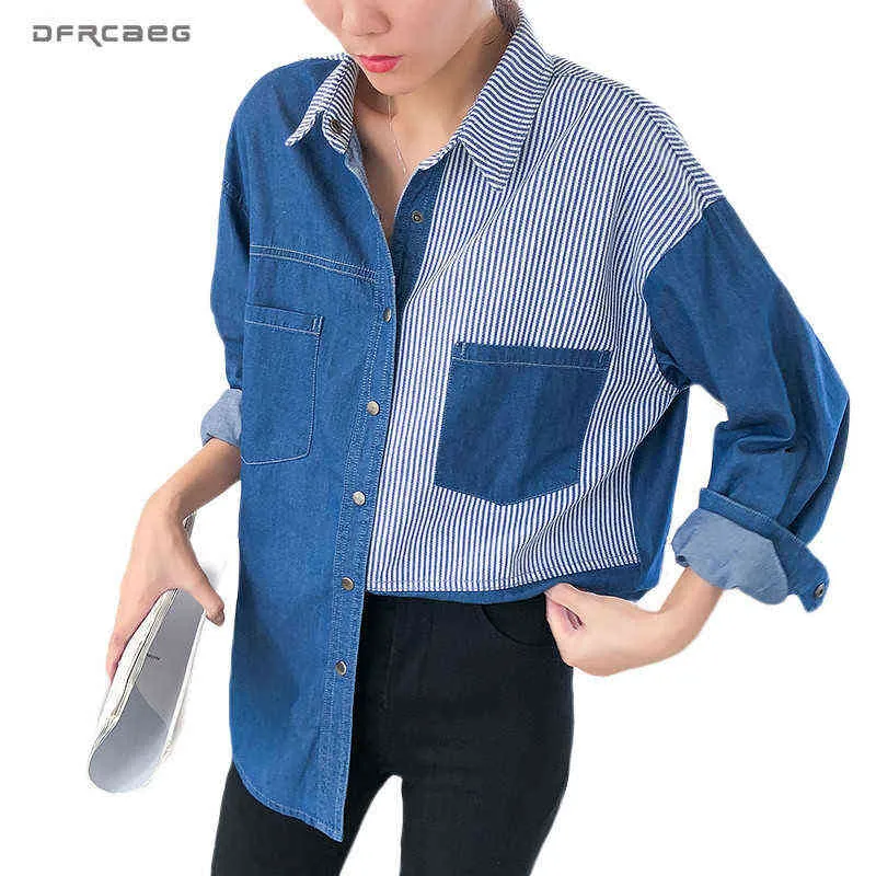 Loose BF Patchwork Listrado Calças de Jeans Blusas para Mulheres 2020 Outono Streetwear Vintage Senhoras Sleeeve Denim Camisa Top Feminino H1230