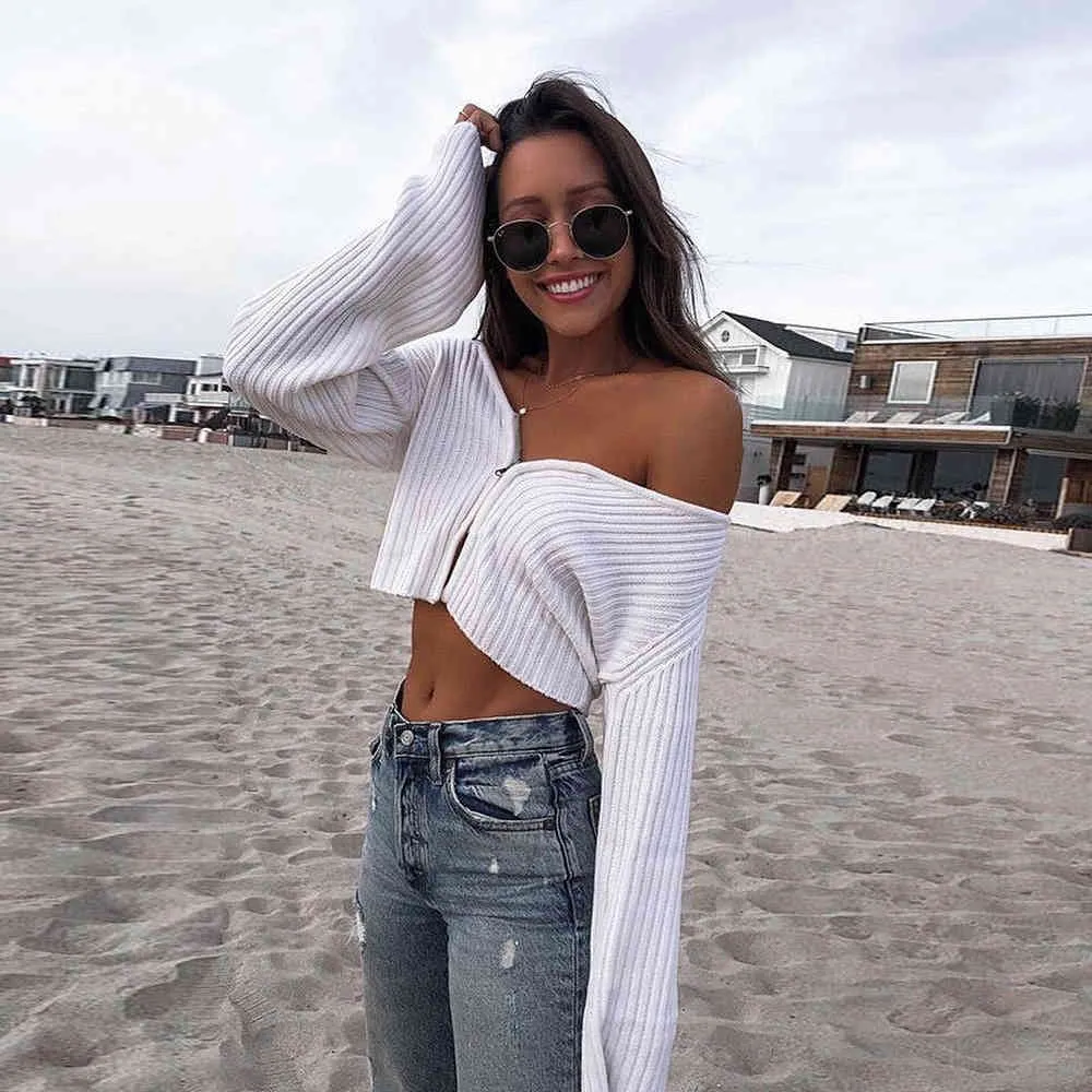 Foridol knitted ribbed white cropped cardigans women autumn winter long sleeve zipper short cardigan top casual streetwear top 210415