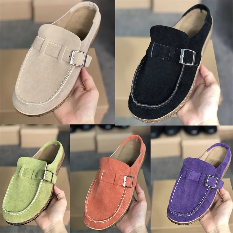 2021 Sommar Kvinnor Scuffs Booties Round Toe Fashion Flat Leather Sandal 5 Färger Strand Slipper Kvinnor Casual Skor Stor storlek 35-43 W7