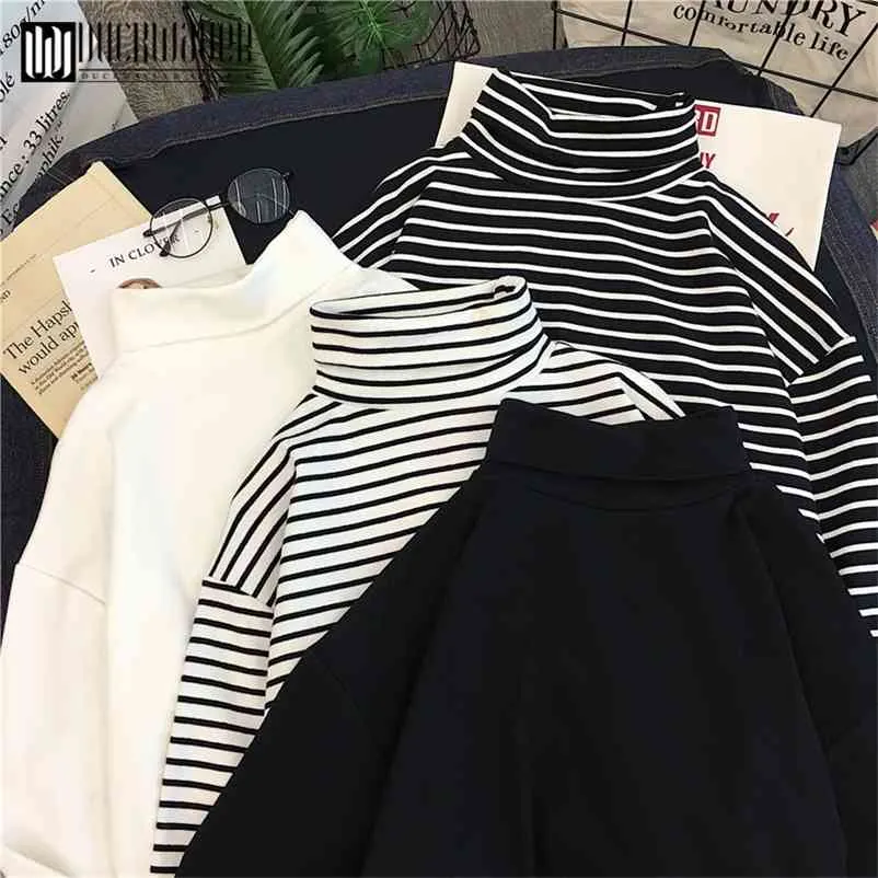 Automne Mode Femmes Causal Solide Lâche Stripe À Manches Longues Kitted Col Roulé T-Shirts Lady Filles De Base Tee T Shirts Tops 210401