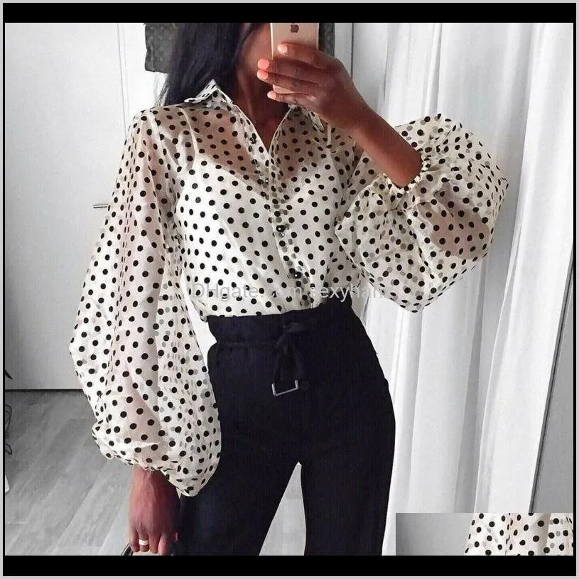 Blusar Kvinnor Kläder Apparel Drop Leverans 2021 Mode Dots Sexig Sheer Polka Dot Organza Blus Topp Perspektiv Puff Sleeve Blusas Wome