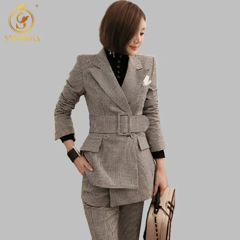 Runway Fashion Houndstooth 2 pièces Ensemble Femmes Travail d'affaires Portant des costumes de pantalon Office Lady 210520