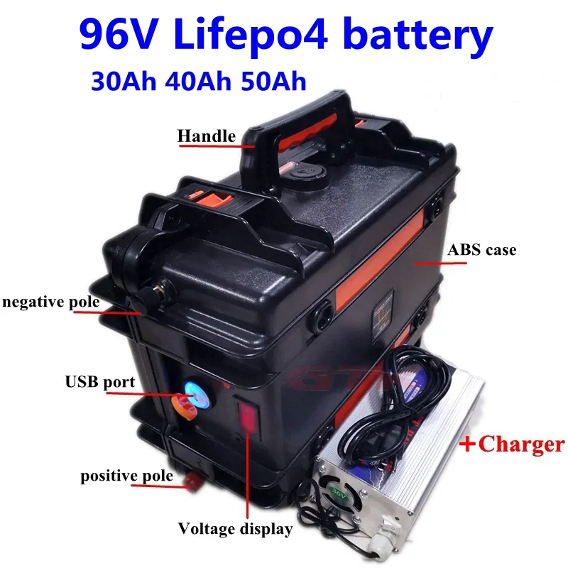 Batteria al litio impermeabile LiFepo4 96V 30Ah 40Ah 50Ah con bms per caricabatteria EV + 5A triciclo per moto ad accumulo di energia solare