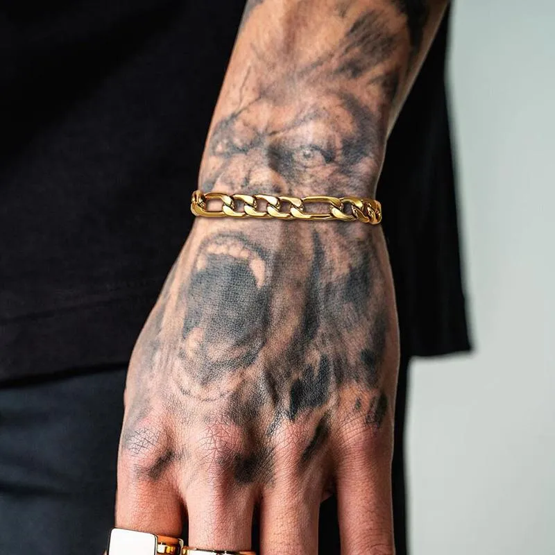 Link, Bracciale Figaro a catena da 7 mm, Bracciale a maglie da uomo delicato, Braccialetti in acciaio inossidabile, Braccialetti color oro, Gioielli unisex_voghion.com