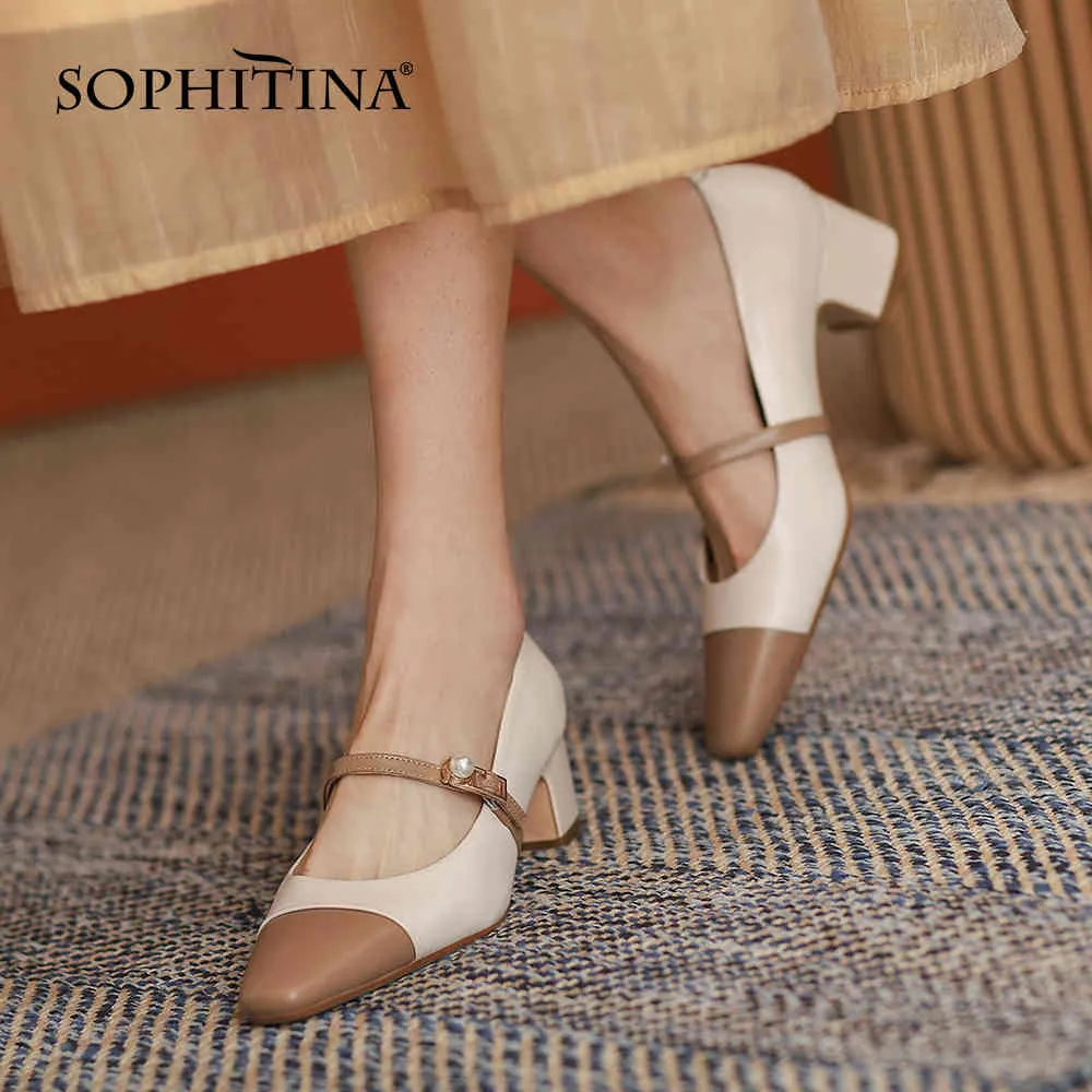 Sophitina Genuine Leather Mulheres Bombas Mary Jane Color-Bloqueio de Sapatos Grossas Calcanhar Clássicos Quadrado Toe Pearl Feminino Sapatos AO782 210513