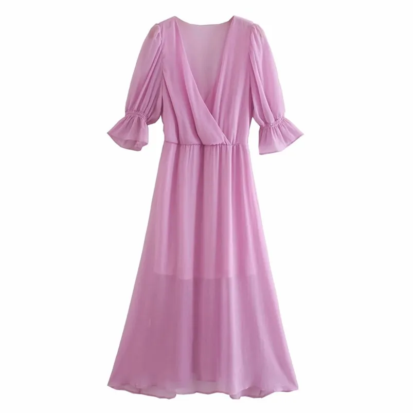 Summer Women Vintage Pleated Dress Solid V-Neck Long Sleeve Chiffon es Female Elegant Street Party Loose vestido 210513