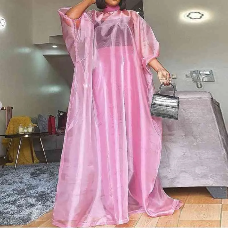 Dress for Women Plus Size Puff Sleeve See Through Pink Maxi Long Dresses Casual Loose Summer Fashion Party Robes Drop 210527