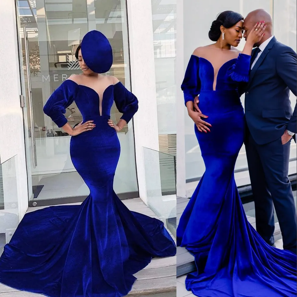 2022 Sexy Arabic Royal Blue Velvet Evening Dresses Wear Plunging V Neck Illusion Long Sleeves Mermaid Party Dress Prom Gowns Chapel Train Plus Size