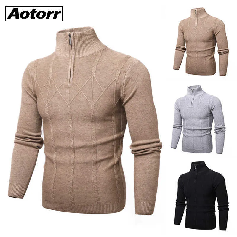 Mężczyźni sweter Sweter High Neck Jesień Zima Męski Turtleneck Ciepłe Dzianiny Sweter Slim Fit Pół Zip Casual Solid Color Płaszcz Y0907