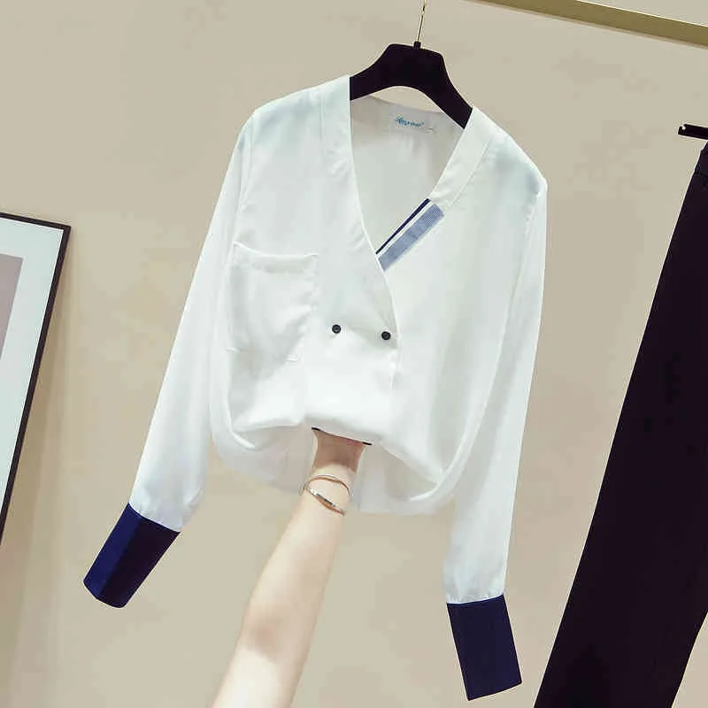 Koreański styl jesień damski V Neck Długie rękawy Kieszeni Szyfonowa Koszula Damska Kobieta Wszystkie Dopasuj Ol Koszulki Bluzka Topy A3716 210428