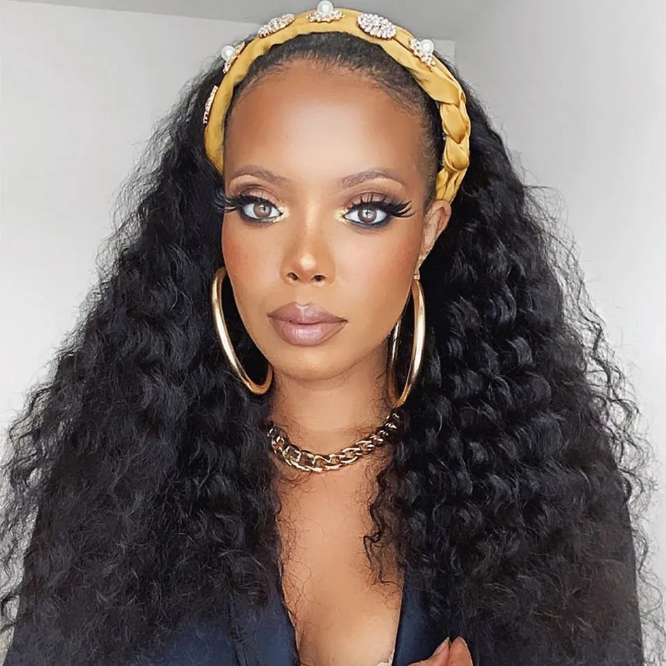 Deep Wave Glueless Human Hair Wigs Indian Headband Wig For Black Women 12-24 Inch Curly Wig 150% Density