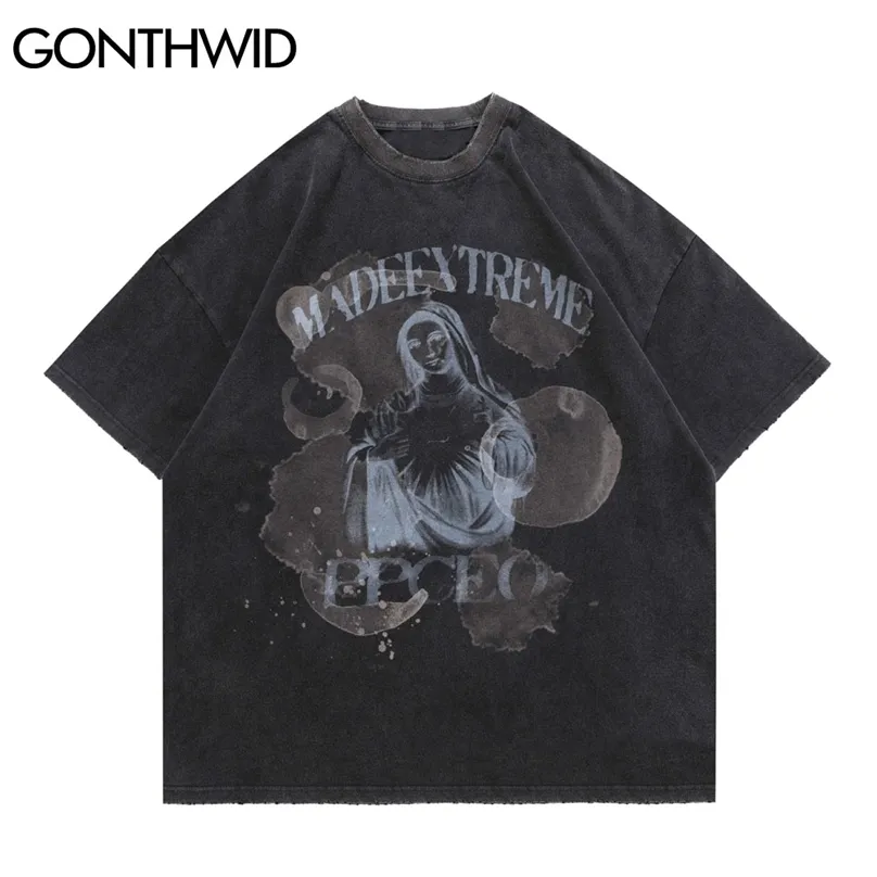 Oversized Tshirts Ripped Distressed Virgin Mary Punk Rock Gothic Streetwear Men Hip Hop Casual Cotton Loose Tees Shirts 210602