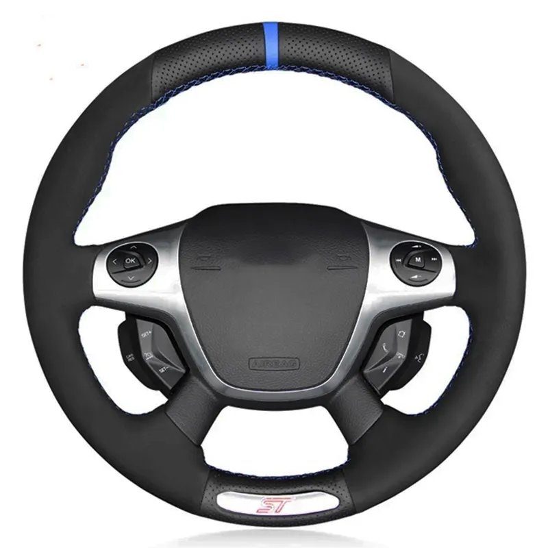 Car Steering Wheel Cover Hand-stitched Soft Black Genuine Leather Suede For Ford Focus 3 ST 2012 2013 2014189c