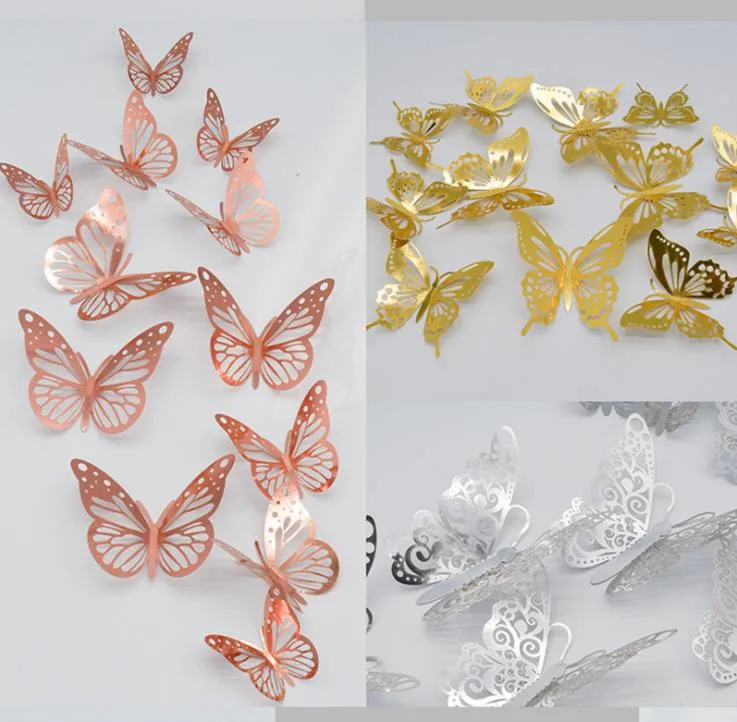 3D Metal Texture Paper Hollow Butterfly Naklejki Ścienne Dom Dekoracja Salon Symulacja Badroom Symulacja Solidna Kolor Wysokiej Jakości Nowoczesny Prosty SN2682