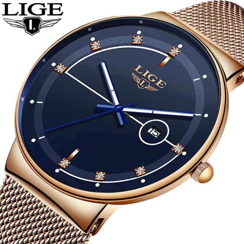 Lige Fashion Mens Klockor Top Märke Luxury Ultra Thin Quartz Watch For Men Mesh Strap Vattentät Klocka Relogio Masculino 210517