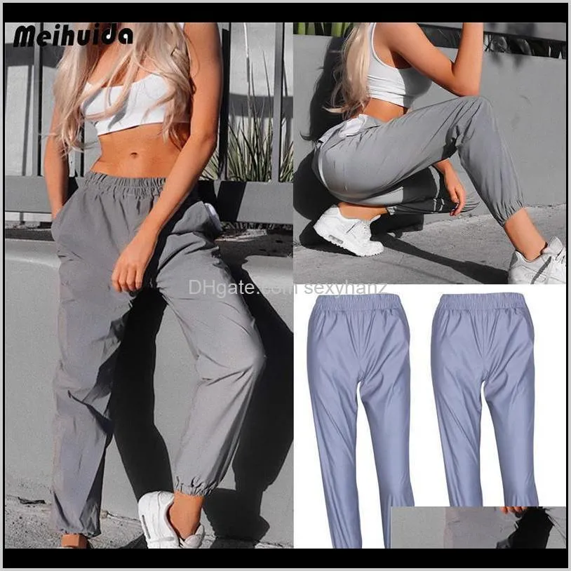 fashion casual slim solid women`s reflective pants hip hop dance show party night jogger baggy trousers summer clothes