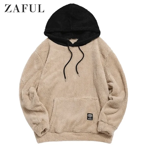 ZAFUL Winter Colorblock Splicing Faux Fur Fluffy Hoodies Men Long Sleeve Pullover Women Sweatshirt Drawstring Tops Casual Hoodie Y0809