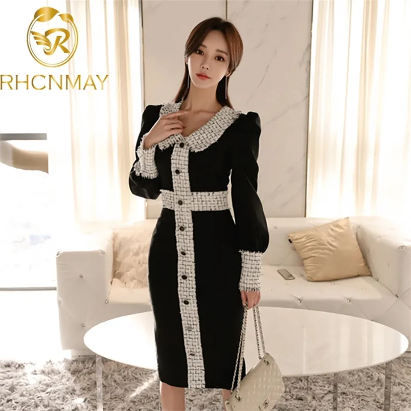 Spring Slim Pencil Black Patchwork Office Women Cloth Full Sleeve Bodycon Knee-Length Single Breasted Work Dress 210506