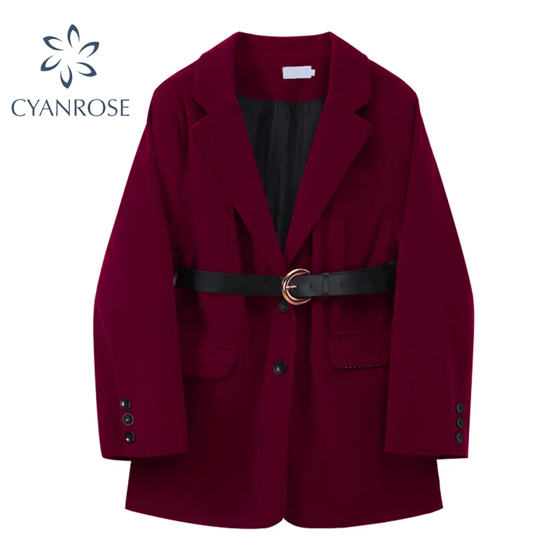 Chic High Waist Belt Slim Red Women's Blazer Vintage Party Elegant V Neck Korean Coat Jacket Ladies OL Stylish Loose Outwear Top 210417