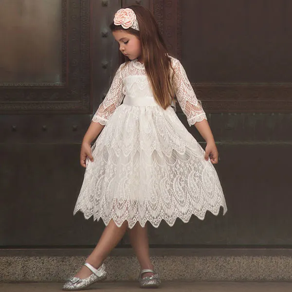 White Lace Girls Dress Elegant Princess Dress Winter Long Sleeves Casual Clothes Wedding Party Kids Dresses For Girls 3-8 Years Q0716