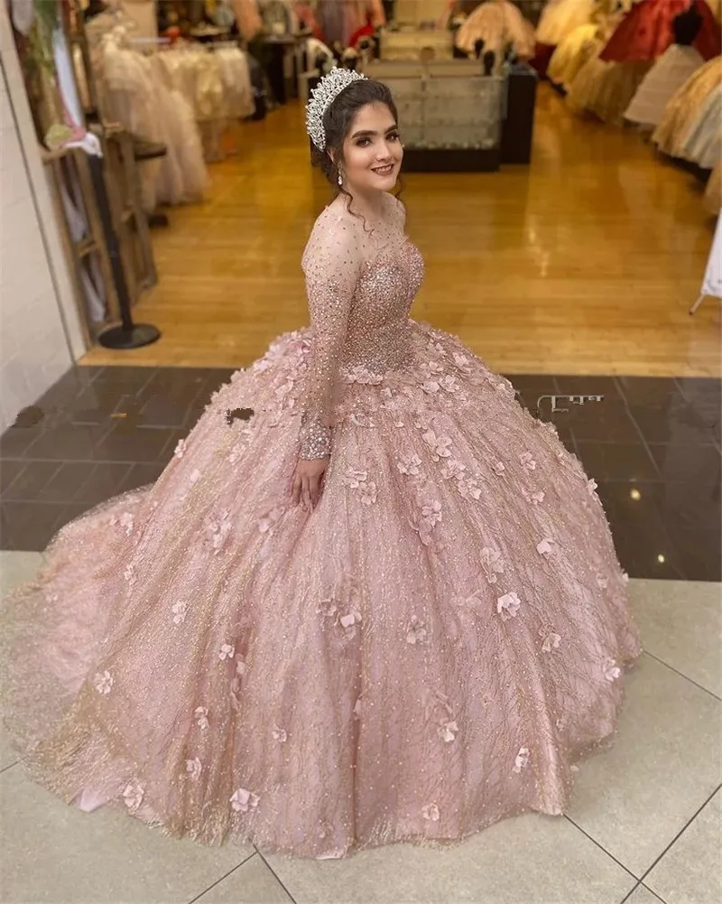 Sparkly Rose Gold Cekiny Suknia Ball Quinceanera Suknie Suknie Ślubne Długie Rękaw Suknie 16 Sukienka Vestidos de XV Años Anos