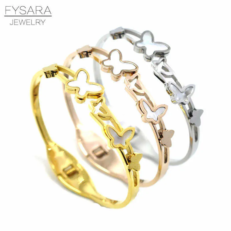 Fysara Brand Shell Jewelry Lover Butterfly Bracelets & Bangles for Women Rose Gold Color Charms Bracelet Lover Wedding Party Q0717