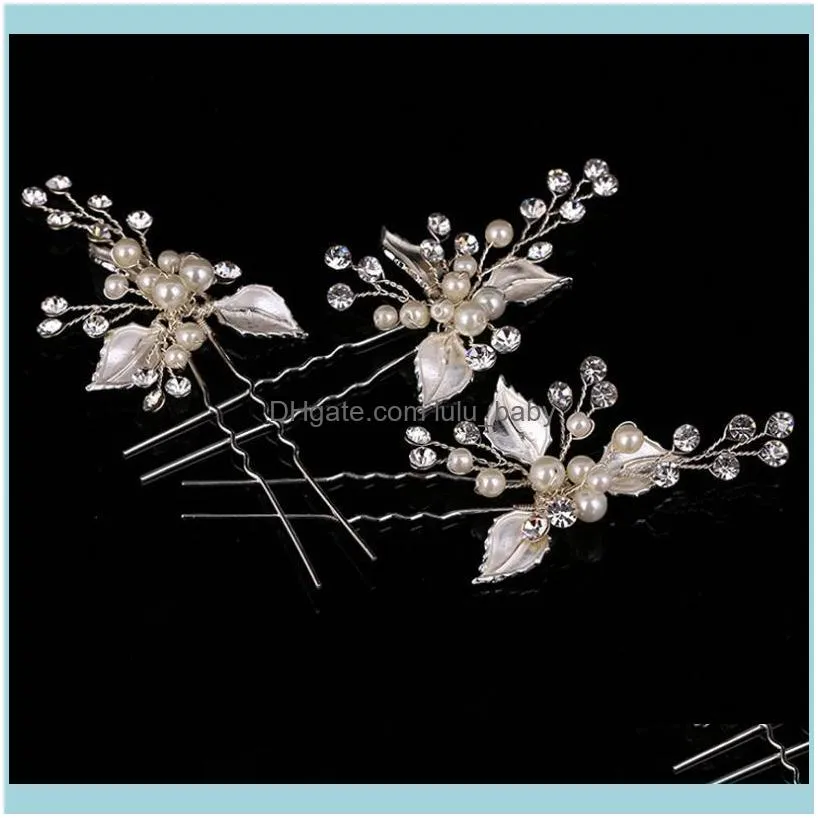 Cabelos de j￳ias de cabelo barretas 3pcs folhas folhas artesanais de cristal pinos de casamento de dama de honra pe￧as de cobre