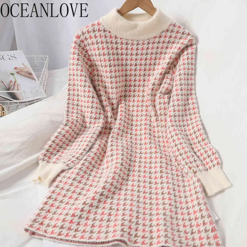 Plaid Chic Dress for Women Knitted Autumn Winter Dresses Elegant Korean Ins Sweet Cute Vestidos De Mujer 19038 210415