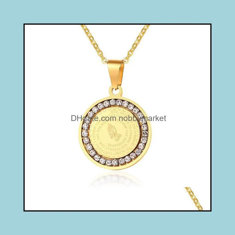 Hand Coin Medal Pendant Bible Verse Prayer Men Women Necklace Stainless Steel Gold Silver Couple Jewelry