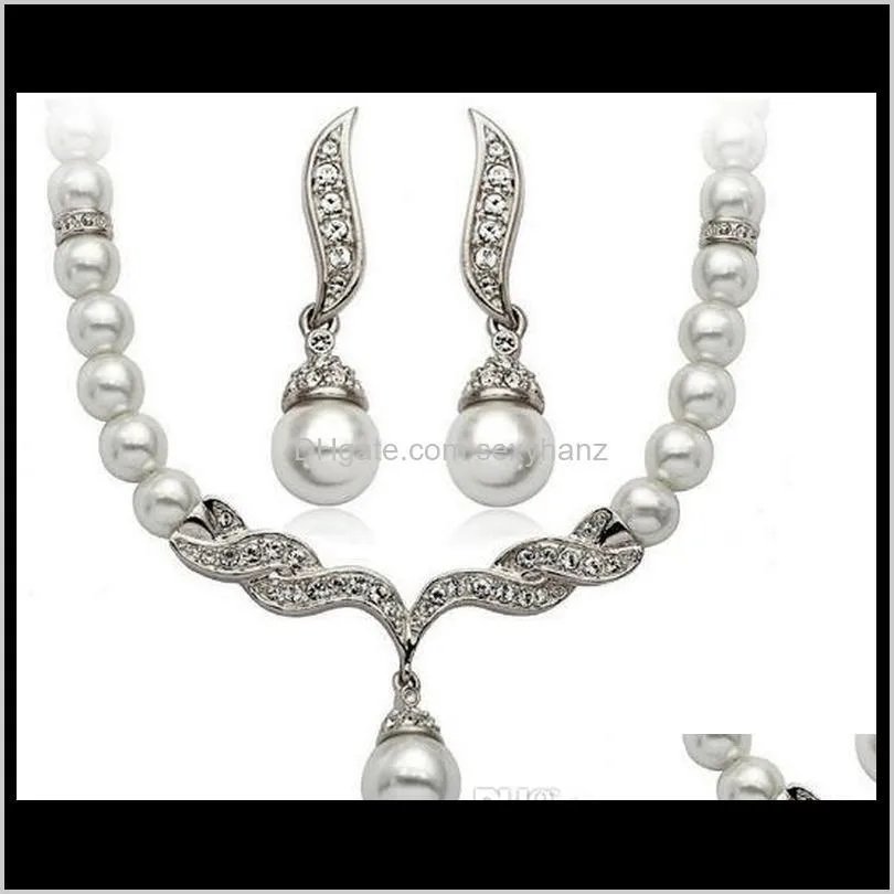 gold plated tear drop cream pearl and rhinestone crystal bridal necklace and earrings jewelry set s905499