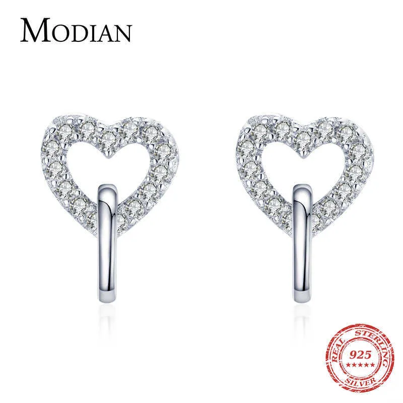 Oryginalne 925 Sterling Silver Link Heart Stud Kolczyki Dla Kobiet Błyszczący Clear CZ Zwierząt Moda Drobna Korea Biżuteria OreCchini 210707