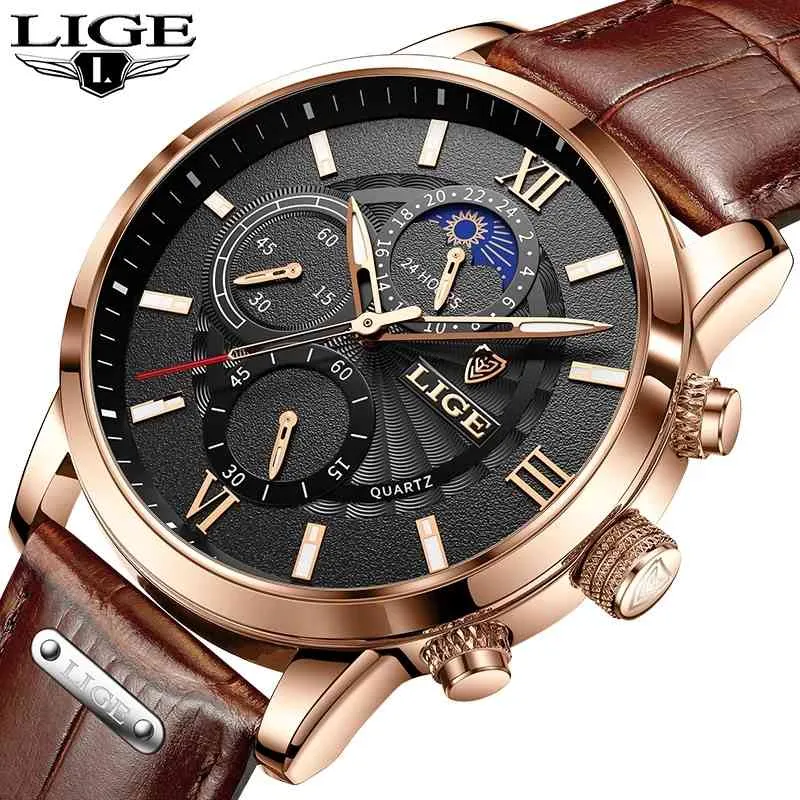 Lige Zegarki Męskie Top Brand Luxury Clock Casual Leathe 24hour Moon Phase Mężczyźni Zegarek Sport Wodoodporny Kwarcowy Chronograph + Box 210517