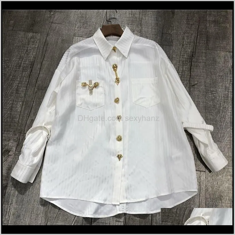 2021 new gold button decoration loose long sleeve stripes acetic acid white shirt women`s fashion blouse